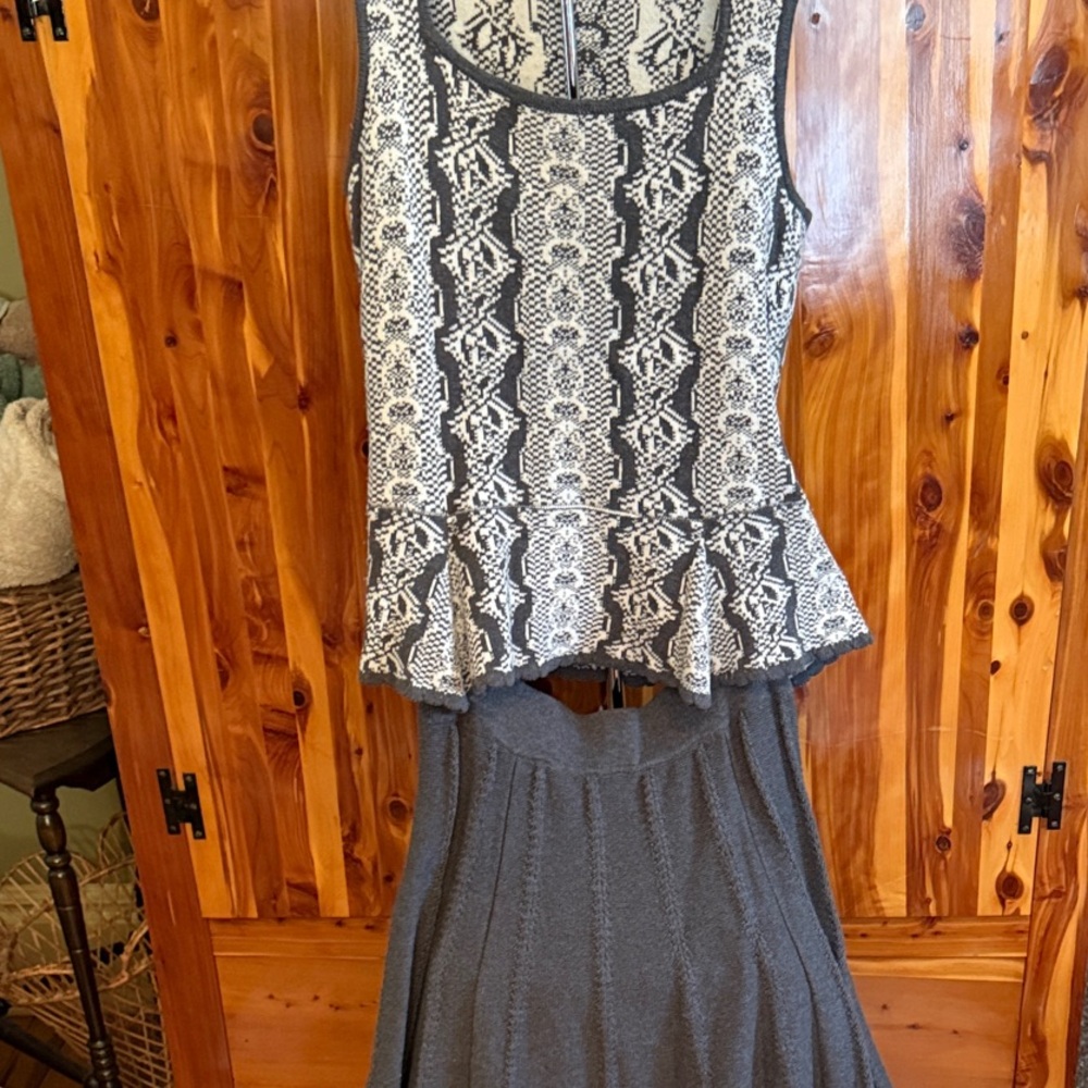 CAbi Grey and White Patterned Vest/Skirt Set